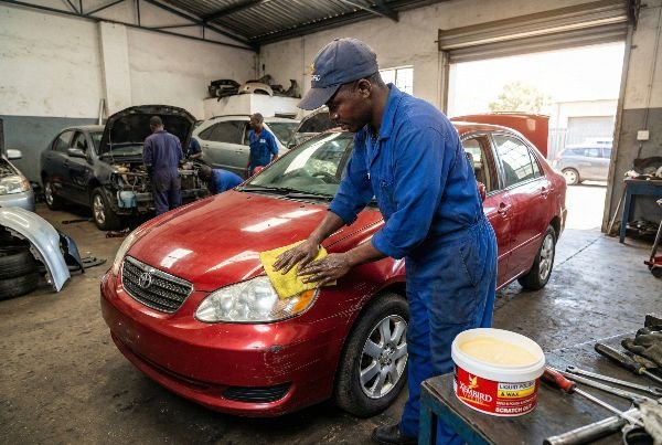 Mechanic applying scratch remover polish